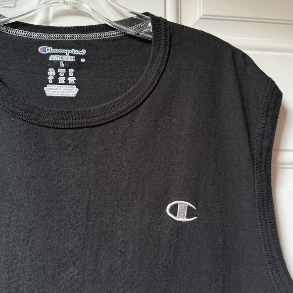 Champion Sleeveless Tshirt Size L Black Logo Crew Neck Muscle Tee - Picture 4 of 8